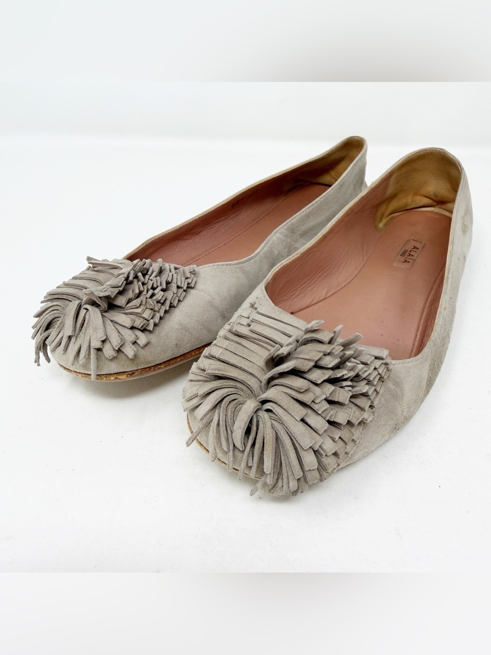 Alaia Gray Suede Fringe Ballet Flats Designer Slip On Size EU 36 US 6